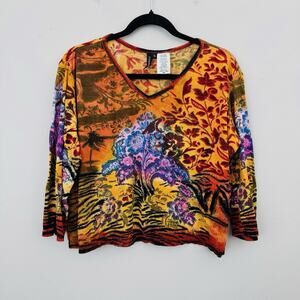 Forbidden Orange Long Sleeve Floral V Neck Blouse Women’s Size XL